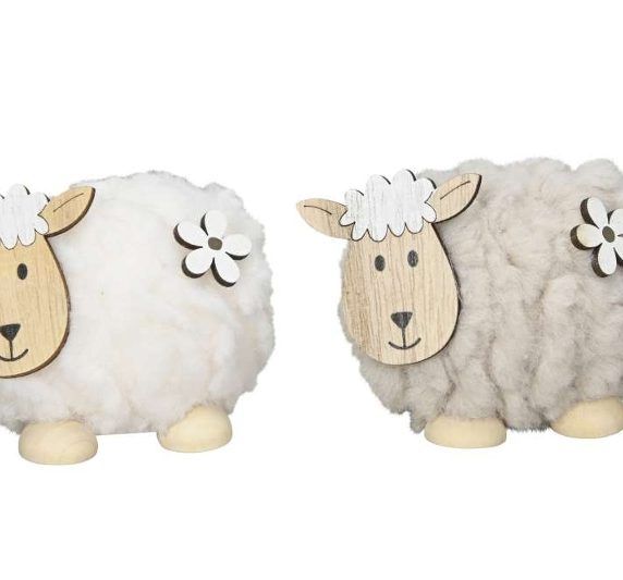 Schaf zum hinstellen aus Holz und Wolle